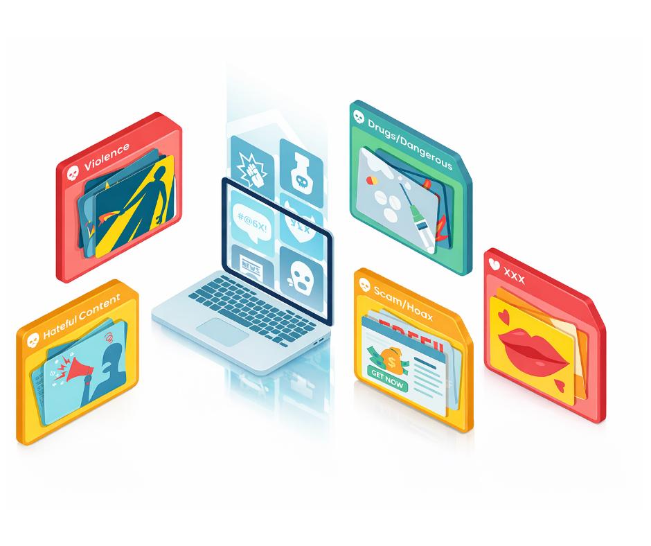 Illustration of Surfie's AI content filtering engine classifying websites by risk category
