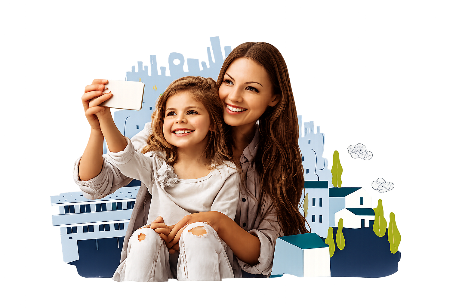 Mother and daughter taking a selfie together, representing families protected by Surfie