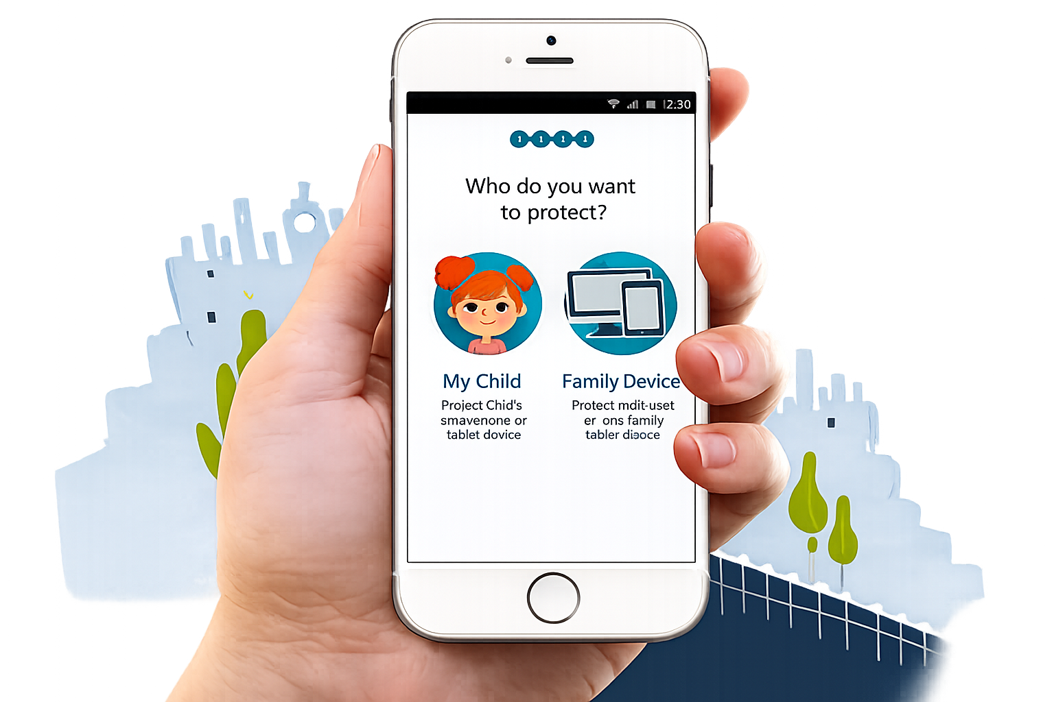 Surfie app onboarding screen asking who you want to protect: My Child or Family Device